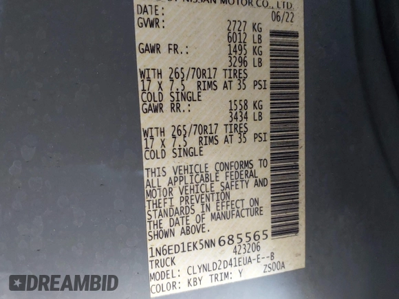 2022 Nissan Frontier SV z VIN 1N6ED1EK5NN685565, wystawiony jako IAAI lot #42091479 z przebiegiem 61 914 mil mil oraz . Historia ofert i sprzedaży dostępna na DreamBid. Obrazek 9.