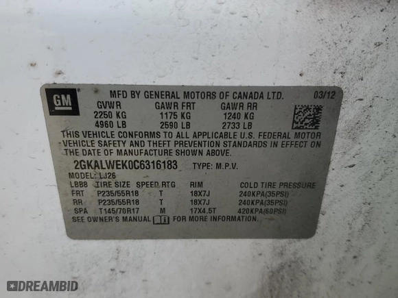 2012 GMC Terrain SLT-2 with VIN 2GKALWEK0C6316183, listed as a Copart auction lot 42970135 with 115,131 mi miles and Salvage Title. Bid and sale history available at carsss.com. Image 13.