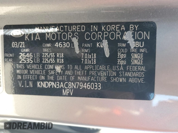 2022 Kia Sportage EX with VIN KNDPN3AC8N7946033, listed as a Copart auction lot 58043585 with 148,161 mi miles and Salvage title. Bid and sale history available at DreamBid. Image 13.