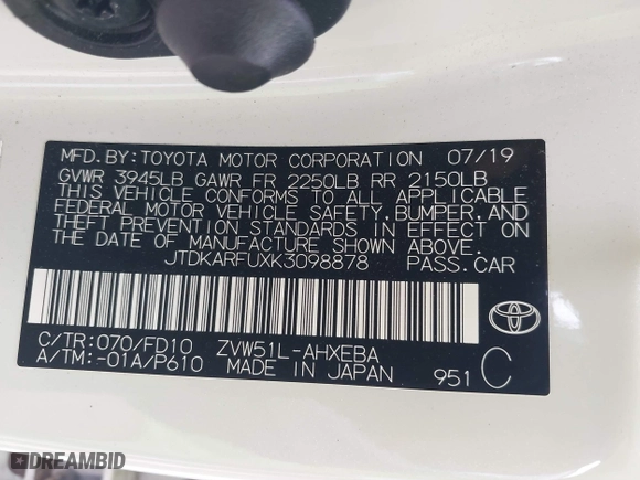2019 Toyota Prius L Eco with VIN JTDKARFUXK3098878, listed as a IAAI auction lot 41840307 with 43,085 mi miles. Bid and sale history available at carsss.com. Image 9.