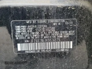 2019 Subaru WRX Limited with VIN JF1VA1N63K8824879, listed as a Copart auction lot 46076325 with Not provided miles and Salvage title. Bid and sale history available at DreamBid. Image 12.