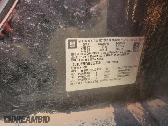 2014 GMC Sierra 1500 SLT with VIN 3GTU2VEC6EG373784, listed as a Copart auction lot 63450945 with 195,401 mi miles and Salvage title. Bid and sale history available at DreamBid. Image 12.