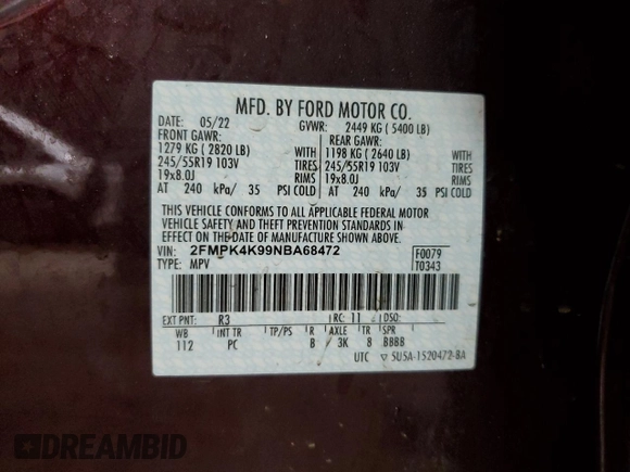 2022 Ford Edge Titanium with VIN 2FMPK4K99NBA68472, listed as a Copart auction lot 87975845 with 41,177 mi miles and Salvage Title. Bid and sale history available at carsss.com. Image 13.