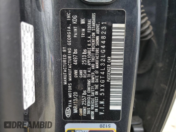 2020 Kia Optima LX with VIN 5XXGT4L32LG448231, listed as a Copart auction lot 47798745 with 84,178 mi miles and Salvage Title. Bid and sale history available at carsss.com. Image 13.