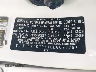 2011 Kia Sorento LX with VIN 5XYKTDA10BG072702, listed as a IAAI auction lot 41762573 with 142,937 mi miles. Bid and sale history available at carsss.com. Image 9.
