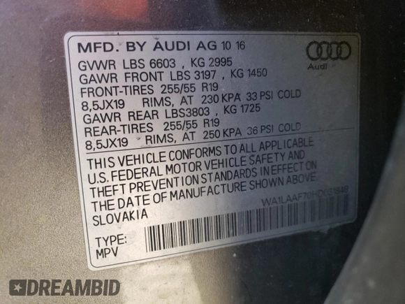 2017 Audi Q7 Premium Plus with VIN WA1LAAF70HD031848, listed as a Copart auction lot 46226255 with 128,935 mi miles and Salvage Title. Bid and sale history available at carsss.com. Image 13.
