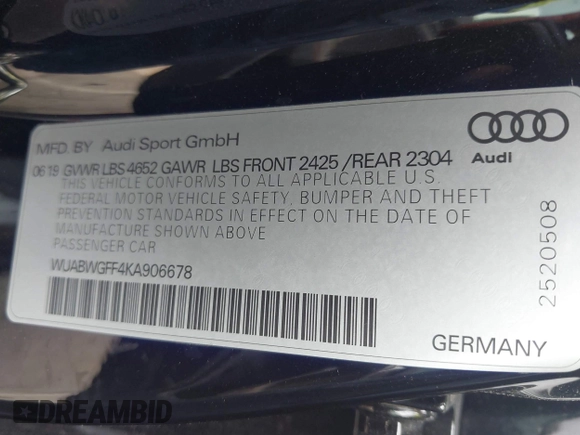 2019 Audi RS 3 z VIN WUABWGFF4KA906678, wystawiony jako IAAI lot #42468486 z przebiegiem 79 338 mil mil oraz . Historia ofert i sprzedaży dostępna na DreamBid. Obrazek 9.