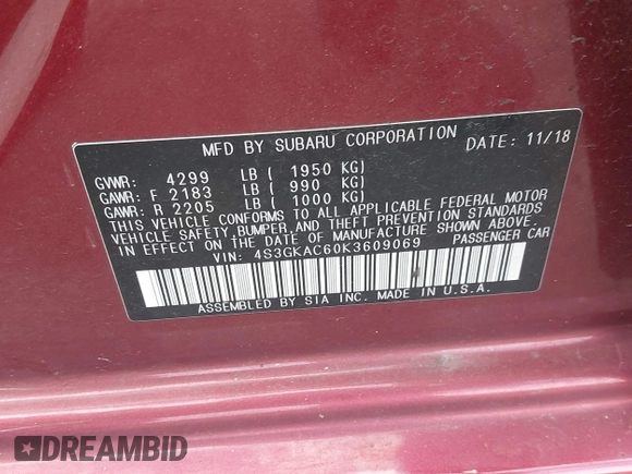 2019 Subaru Impreza Premium with VIN 4S3GKAC60K3609069, listed as a IAAI auction lot 42755337 with 90,437 mi miles and . Bid and sale history available at DreamBid. Image 9.