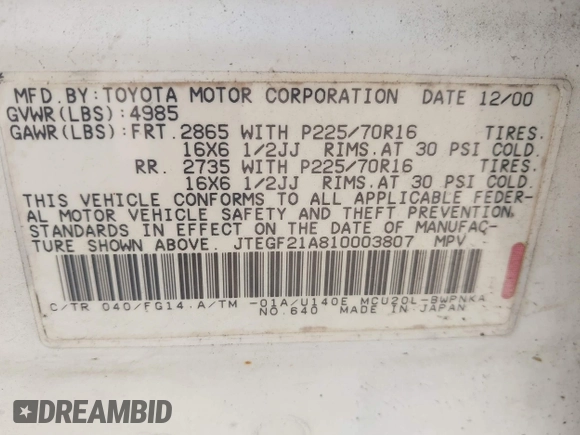 2001 Toyota Highlander with VIN JTEGF21A810003807, listed as a IAAI auction lot 42442802 with 262,339 mi miles and . Bid and sale history available at DreamBid. Image 9.