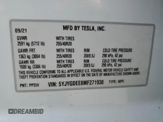 2021 Tesla Model Y Long Range with VIN 5YJYGDEE8MF271938, listed as a Copart auction lot 50961485 with 46,173 mi miles and Salvage Title. Bid and sale history available at DreamBid. Image 13.