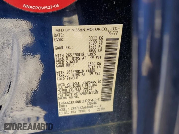 2022 Nissan Titan S with VIN 1N6AA1EC4NN107425, listed as a Copart auction lot 48291485 with 19,904 mi miles and Salvage title. Bid and sale history available at DreamBid. Image 13.