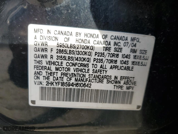 2004 Honda Pilot EX with VIN 2HKYF18594H610642, listed as a Copart auction lot 84663504 with 271,755 mi miles and Salvage Title. Bid and sale history available at carsss.com. Image 13.
