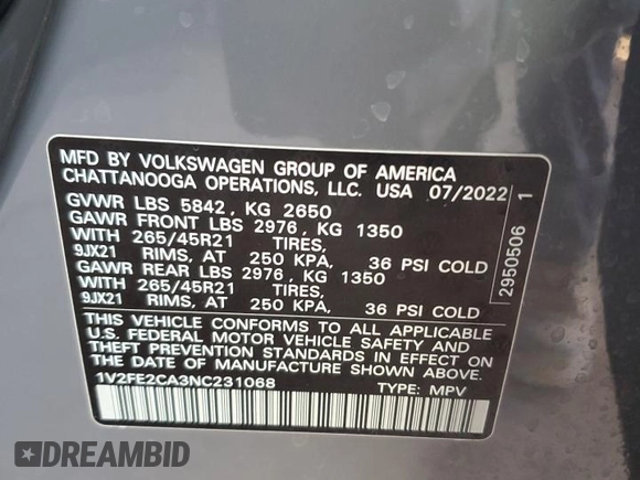 2022 Volkswagen Atlas SEL Premium R-Line with VIN 1V2FE2CA3NC231068, listed as a Copart auction lot 87459184 with Not provided miles and Salvage title. Bid and sale history available at DreamBid. Image 12.
