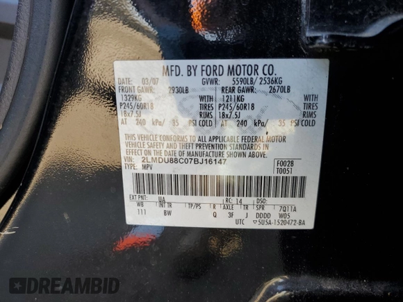 2007 Lincoln MKX with VIN 2LMDU88C07BJ16147, listed as a Copart auction lot 52795615 with 111,281 mi miles and Salvage title. Bid and sale history available at DreamBid. Image 13.