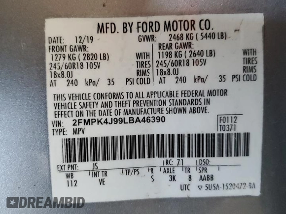 2020 Ford Edge SEL with VIN 2FMPK4J99LBA46390, listed as a Copart auction lot 50838175 with 86,157 mi miles and Salvage title. Bid and sale history available at DreamBid. Image 14.