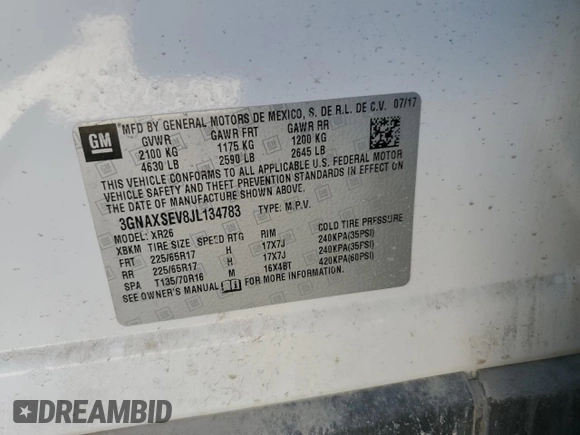 2018 Chevrolet Equinox LT with VIN 3GNAXSEV8JL134783, listed as a Copart auction lot 45465045 with 138,506 mi miles and Salvage Title. Bid and sale history available at carsss.com. Image 13.