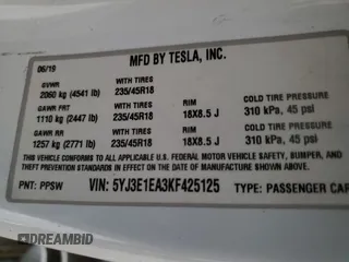 2019 Tesla Model 3 Mid Range with VIN 5YJ3E1EA3KF425125, listed as a Copart auction lot 82681864 with 105,345 mi miles and Salvage Title. Bid and sale history available at DreamBid. Image 12.
