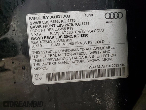2020 Audi Q5 Premium with VIN WA1ANAFY0L2032734, listed as a Copart auction lot 49409845 with 156,338 mi miles and Non Repairable. Bid and sale history available at carsss.com. Image 14.