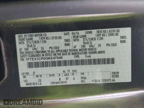 2016 Ford F-150 XL with VIN 1FTEX1CP0GKE47040, listed as a IAAI auction lot 41777463 with 169,579 mi miles and . Bid and sale history available at carsss.com. Image 9.