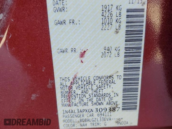 2016 Nissan Altima S with VIN 1N4AL3APXGN309387, listed as a Copart auction lot 89152065 with 141,307 mi miles and Salvage Title. Bid and sale history available at carsss.com. Image 12.