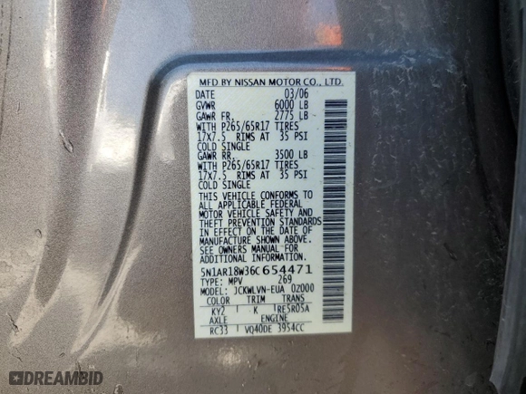 2006 Nissan Pathfinder SE with VIN 5N1AR18W36C654471, listed as a Copart auction lot 51781165 with 191,871 mi miles and Salvage Title. Bid and sale history available at carsss.com. Image 13.