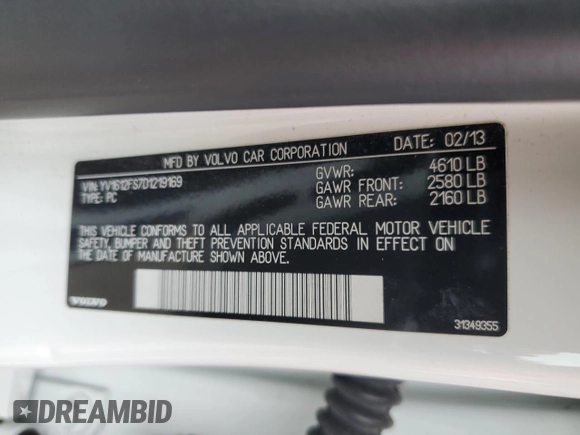 2013 Volvo S60 T5 Premier with VIN YV1612FS7D1219169, listed as a Copart auction lot 62409405 with 107,736 mi miles and Clean title. Bid and sale history available at DreamBid. Image 12.