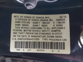 2016 Honda Civic Sedan EX with VIN 2HGFC2F83GH573539, listed as a IAAI auction lot 41736231 with 83,118 mi miles. Bid and sale history available at carsss.com. Image 9.