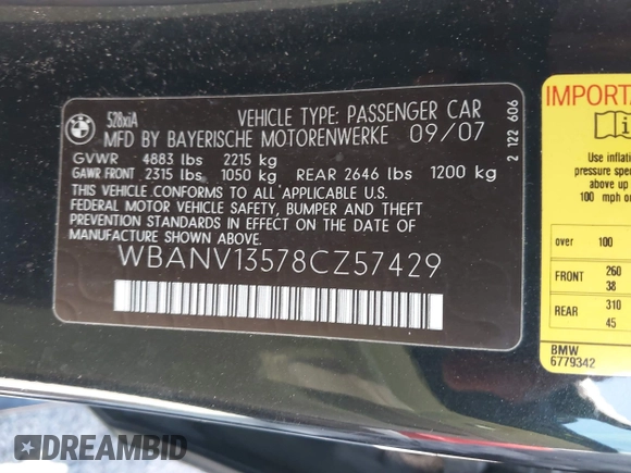 2008 BMW 5 Series 528xi with VIN WBANV13578CZ57429, listed as a IAAI auction lot 41856132 with 202,083 mi miles and . Bid and sale history available at DreamBid. Image 9.