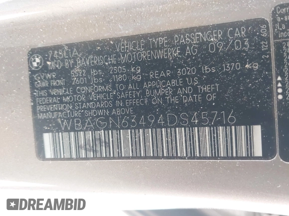 2004 BMW 7 Series 745Li с VIN WBAGN63494DS45716, выставлен на аукционе IAAI как лот 41906522 с пробегом 127 292 миль миль и . История ставок и продаж доступна на DreamBid. Изображение 9.