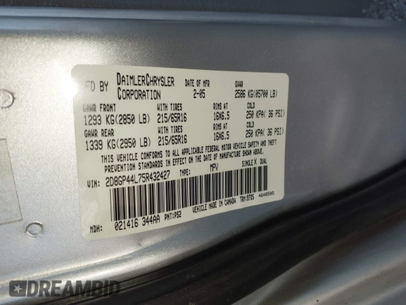 2005 Dodge Caravan SXT with VIN 2D8GP44L75R432427, listed as a IAAI auction lot 42049469 with 129,557 mi miles and . Bid and sale history available at DreamBid. Image 9.