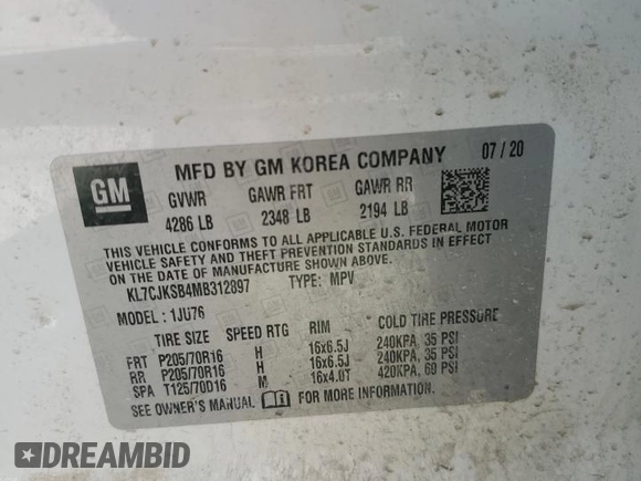 2021 Chevrolet Trax LS with VIN KL7CJKSB4MB312897, listed as a Copart auction lot 50985685 with 69,822 mi miles and Salvage title. Bid and sale history available at DreamBid. Image 13.