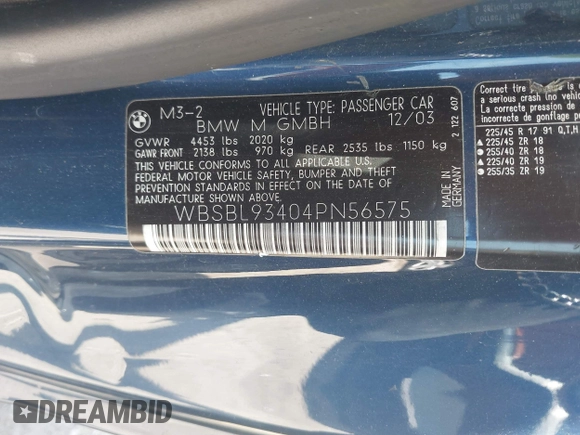 2004 BMW 3 Series M3 with VIN WBSBL93404PN56575, listed as a IAAI auction lot 42388829 with 172,377 mi miles and . Bid and sale history available at DreamBid. Image 9.