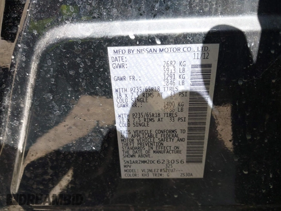 2013 Nissan Pathfinder Platinum with VIN 5N1AR2MM2DC623056, listed as a IAAI auction lot 42425294 with 187,059 mi miles and . Bid and sale history available at DreamBid. Image 9.