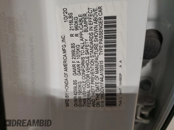 2020 Honda Accord EX with VIN 1HGCV1F44LA150515, listed as a Copart auction lot 56119145 with 65,265 mi miles and Salvage title. Bid and sale history available at DreamBid. Image 12.
