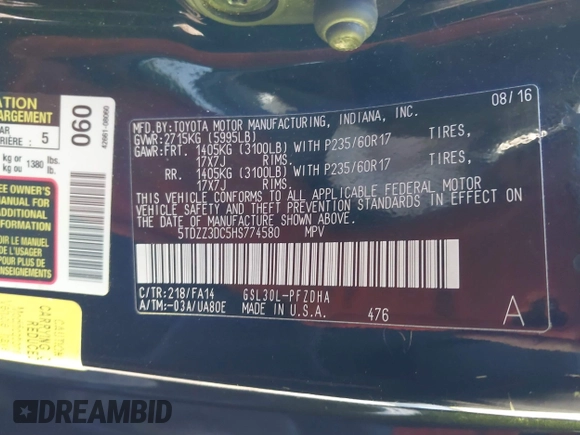 2017 Toyota Sienna L with VIN 5TDZZ3DC5HS774580, listed as a IAAI auction lot 41307502 with Not Provided miles and . Bid and sale history available at DreamBid. Image 9.