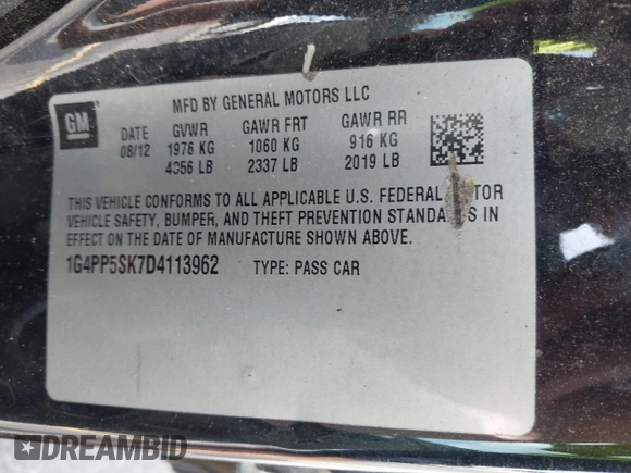 2013 Buick Verano with VIN 1G4PP5SK7D4113962, listed as a IAAI auction lot 42167888 with 187,368 mi miles. Bid and sale history available at carsss.com. Image 9.