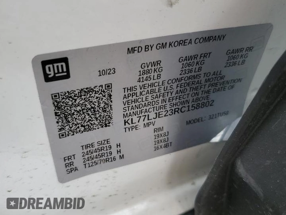 2024 Chevrolet Trax 2RS with VIN KL77LJE23RC158802, listed as a Copart auction lot 50346865 with 11,605 mi miles and Salvage Title. Bid and sale history available at DreamBid. Image 13.