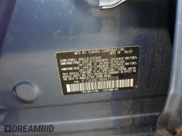 2022 Subaru Forester Limited with VIN JF2SKANC9NH473319, listed as a Copart auction lot 62348475 with 75,339 mi miles and Clean title. Bid and sale history available at DreamBid. Image 12.