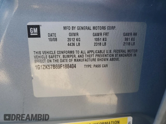 2009 Chevrolet Malibu LTZ with VIN 1G1ZK57B69F188404, listed as a Copart auction lot 52452395 with 134,211 mi miles and Salvage Title. Bid and sale history available at DreamBid. Image 12.