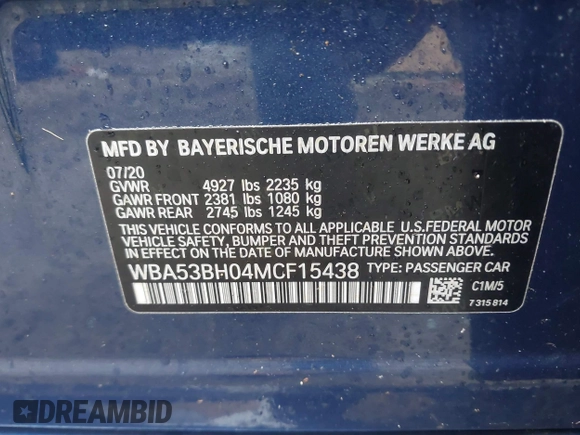 2021 BMW 5 Series 530i with VIN WBA53BH04MCF15438, listed as a IAAI auction lot 41908280 with 38,640 mi miles and . Bid and sale history available at DreamBid. Image 9.