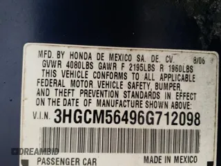 2006 Honda Accord LX with VIN 3HGCM56496G712098, listed as a Copart auction lot 59894005 with 157,789 mi miles and Salvage title. Bid and sale history available at DreamBid. Image 12.