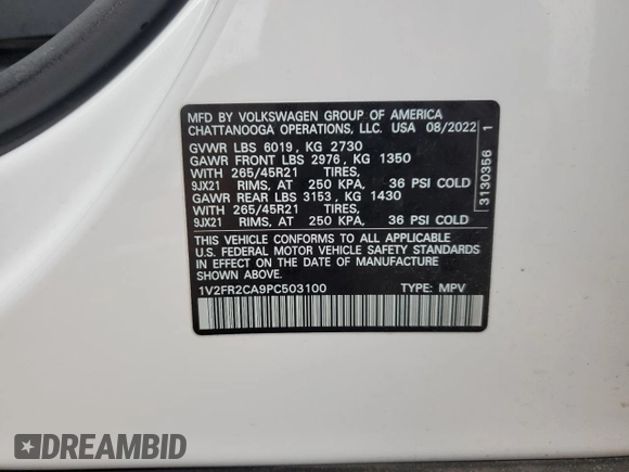 2023 Volkswagen Atlas SEL Premium R-Line с VIN 1V2FR2CA9PC503100, выставлен на аукционе Copart как лот 58173885 с пробегом 43 016 миль миль и Списание • Salvage title. История ставок и продаж доступна на DreamBid. Изображение 14.
