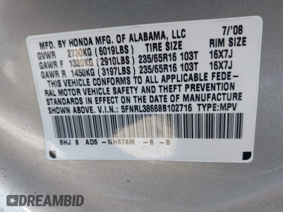 2008 Honda Odyssey EX-L with VIN 5FNRL38668B102716, listed as a IAAI auction lot 41908212 with 221,253 mi miles. Bid and sale history available at carsss.com. Image 9.