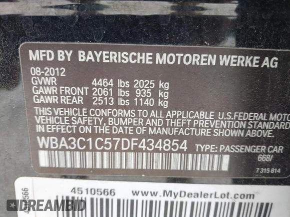 2013 BMW 3 Series 328i with VIN WBA3C1C57DF434854, listed as a IAAI auction lot 42023257 with 125,960 mi miles and . Bid and sale history available at carsss.com. Image 9.