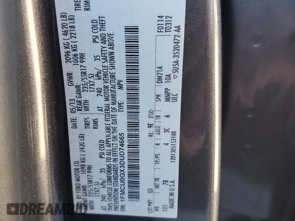 2013 Ford Escape SE with VIN 1FMCU0GX3DUD74665, listed as a Copart auction lot 49127805 with 113,390 mi miles and Salvage Title. Bid and sale history available at DreamBid. Image 14.