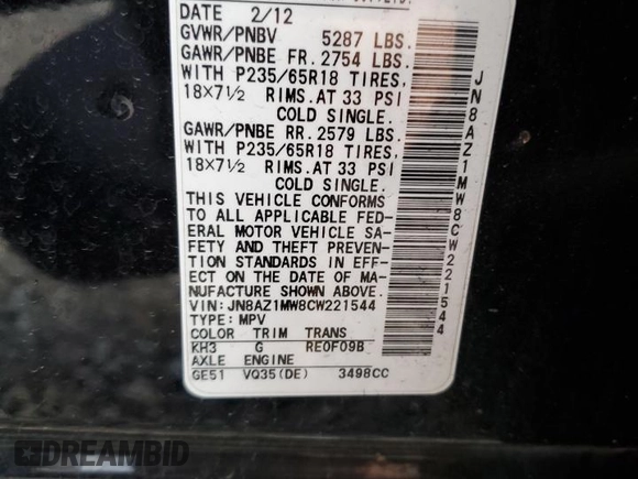 2012 Nissan Murano SL z VIN JN8AZ1MW8CW221544, wystawiony jako Copart lot #51054565 z przebiegiem 116 318 mil mil oraz Szkoda całkowita • Salvage title. Historia ofert i sprzedaży dostępna na DreamBid. Obrazek 13.