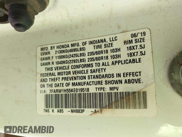 2019 Honda CR-V EX with VIN 7FARW1H55KE019518, listed as a IAAI auction lot 41771075 with 139,546 mi miles. Bid and sale history available at carsss.com. Image 9.