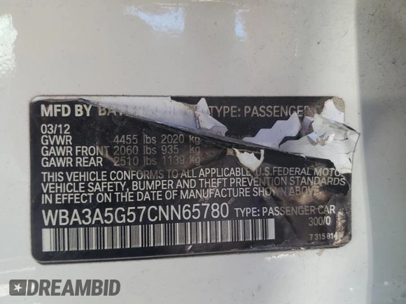 2012 BMW 3 Series 328i with VIN WBA3A5G57CNN65780, listed as a Copart auction lot 62717835 with Not provided miles and Salvage title. Bid and sale history available at DreamBid. Image 12.