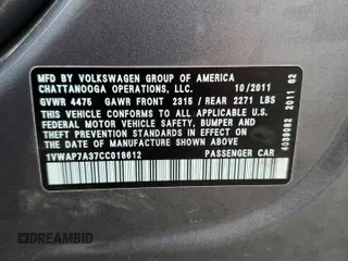 2012 Volkswagen Passat S with VIN 1VWAP7A37CC018612, listed as a Copart auction lot 57418075 with 102,005 mi miles and Salvage title. Bid and sale history available at DreamBid. Image 12.