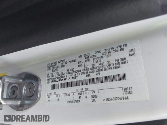 2023 Ford Escape Active с VIN 1FMCU9GN9PUA11567, выставлен на аукционе IAAI как лот 42633313 с пробегом 83 167 миль миль и . История ставок и продаж доступна на DreamBid. Изображение 9.